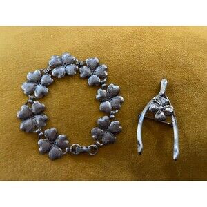 Vintage Sterling Silver Art Deco Four Leaf Clover Bracelet & Wishbone Pin Set